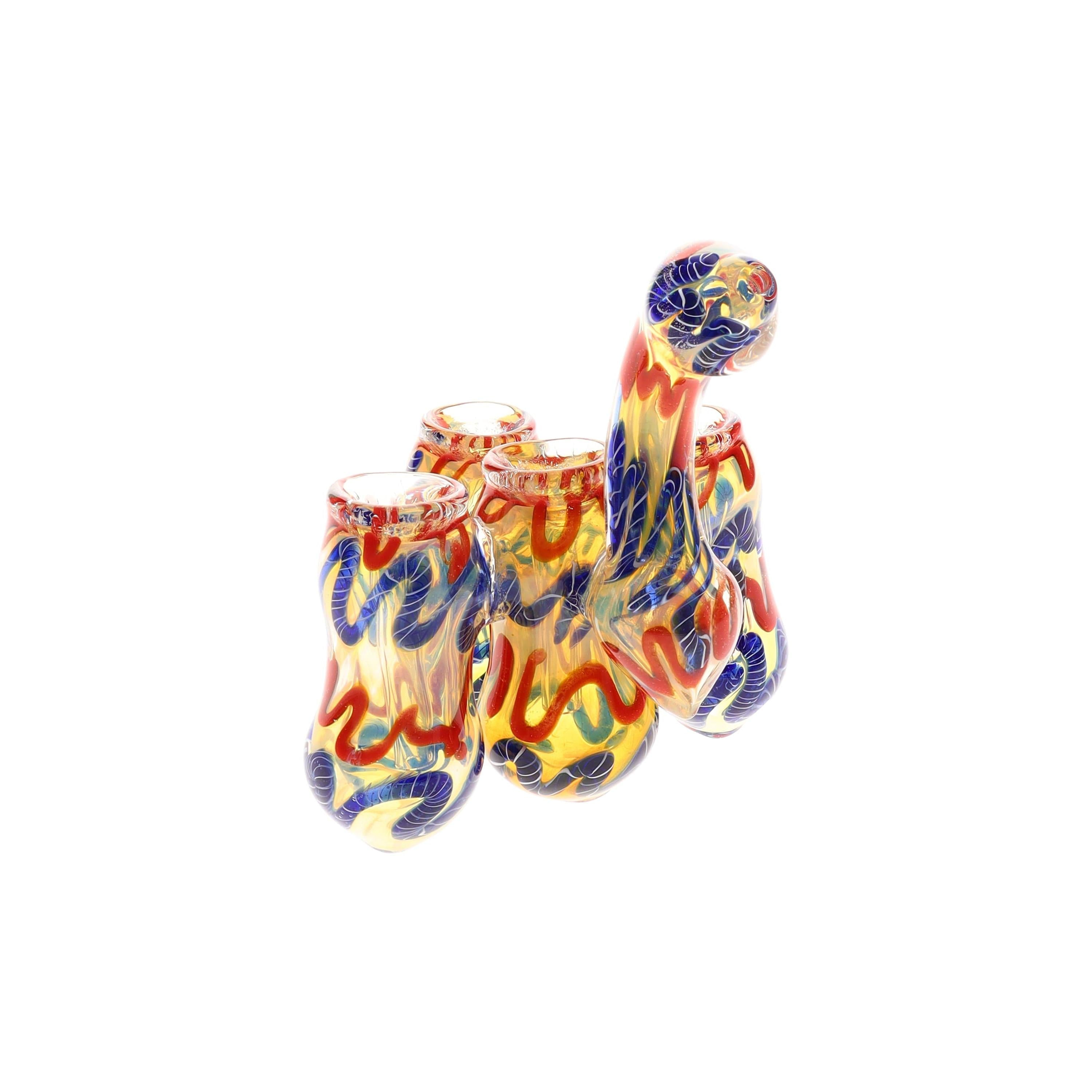 Glass Quadruple-Chamber Sherlock Bubbler “Squiggle Stack” – Color-Changing – 6½″