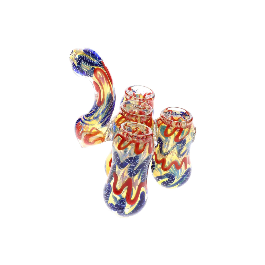 Glass Quadruple-Chamber Sherlock Bubbler “Squiggle Stack” – Color-Changing – 6½″